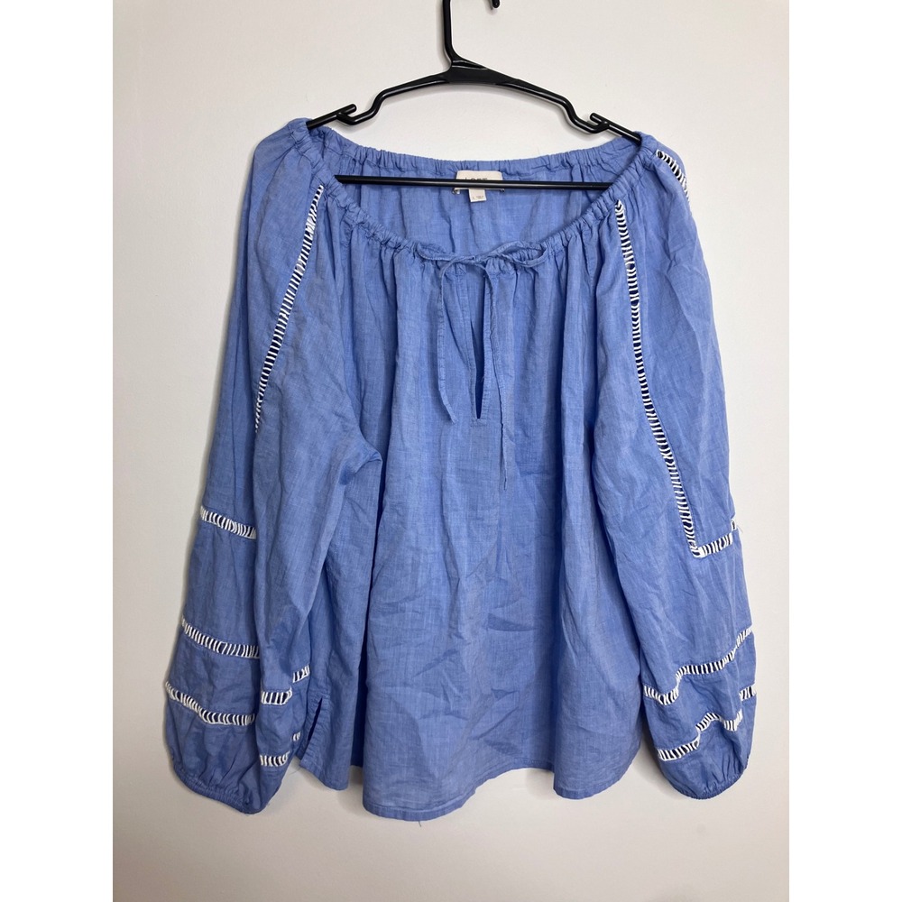 LOFT Peasant Blouse Womens Large Blue Excellent Cotton Crochet Sleeve Top